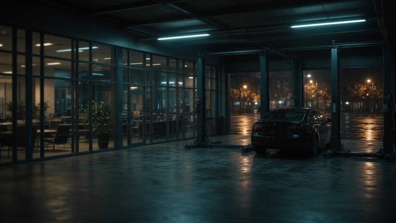 An empty dealership service lane at night, one sedan, cool overhead light.