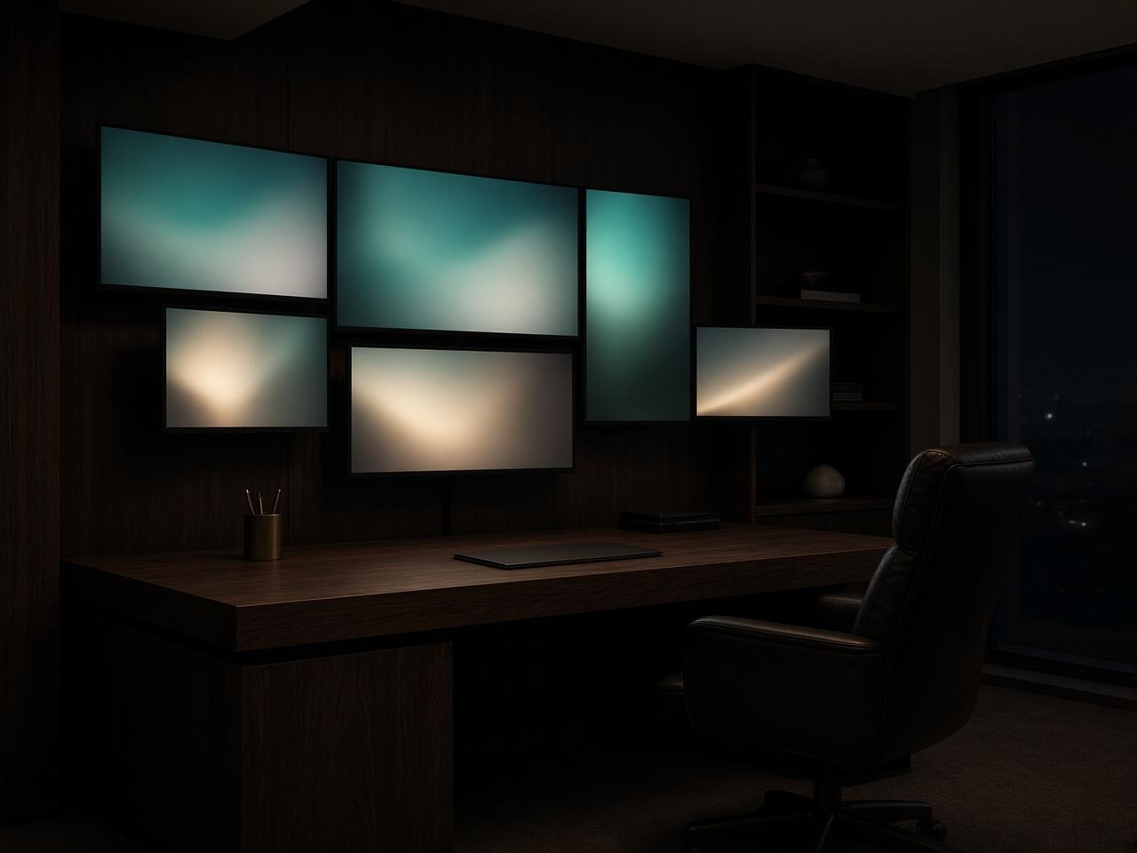 A quiet control room at night with monitors showing soft abstract light.