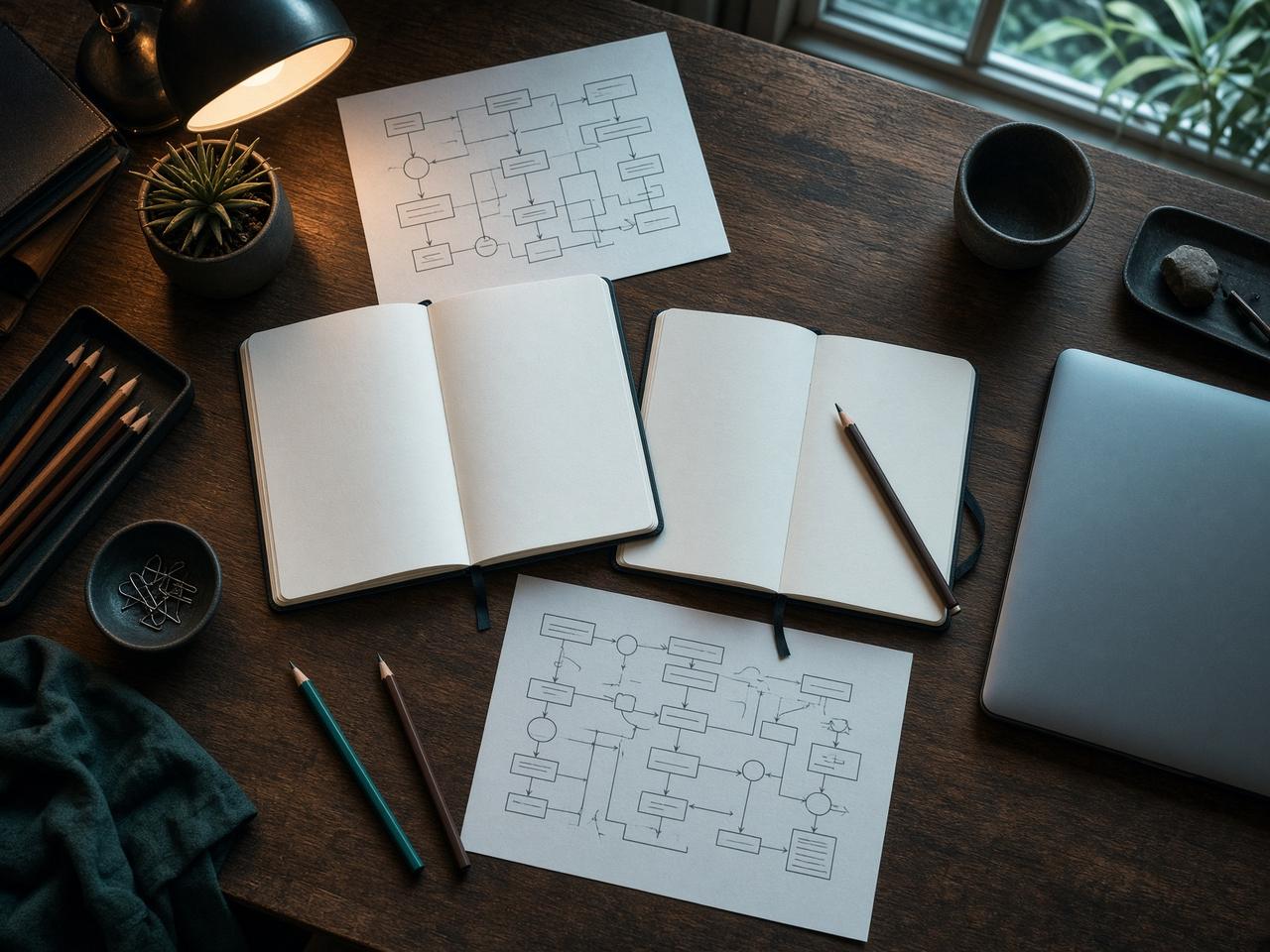 Overhead view of a workshop table with notebooks and process maps.