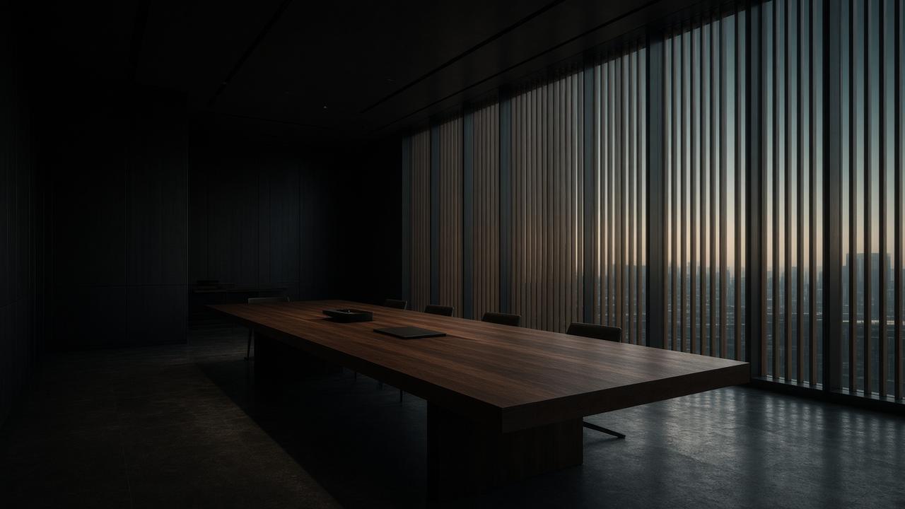 An empty operations studio at dawn, long table, cool light through vertical slats.