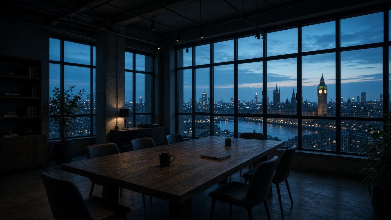 A London operations loft at dusk, industrial windows, cool interior light.