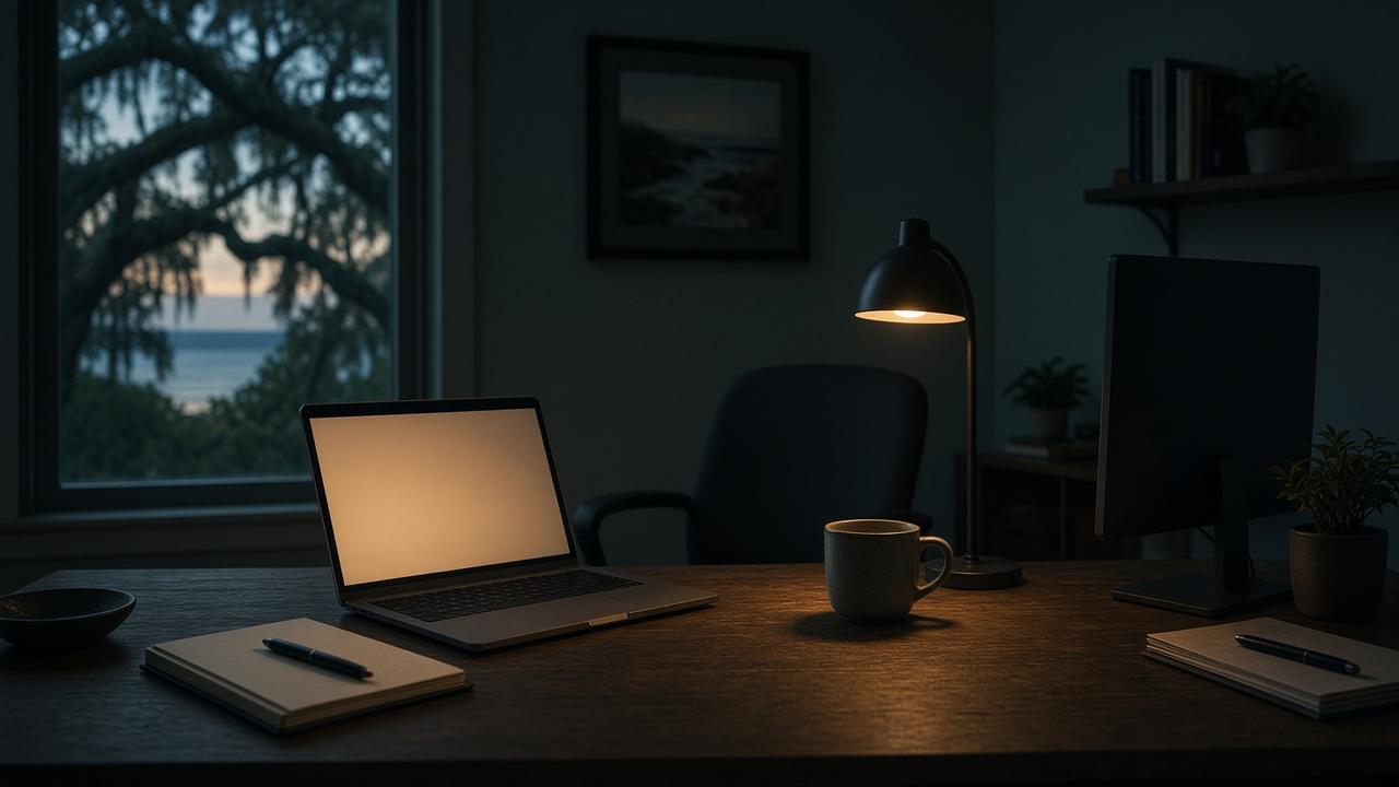 A small home office desk at dusk, laptop and notebook in mixed warm and teal light.