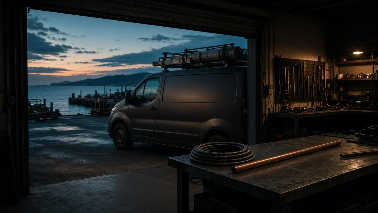 An empty trades shop at dusk, a work van at an open bay, copper pipe on a steel table.